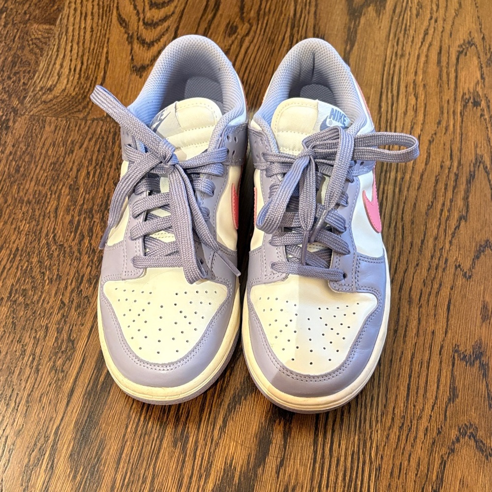 Purple, white, and pink Nike dunks